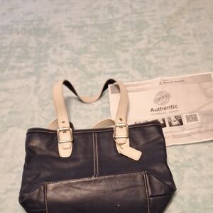 Coach Dark Blue and Cream Leather Tote